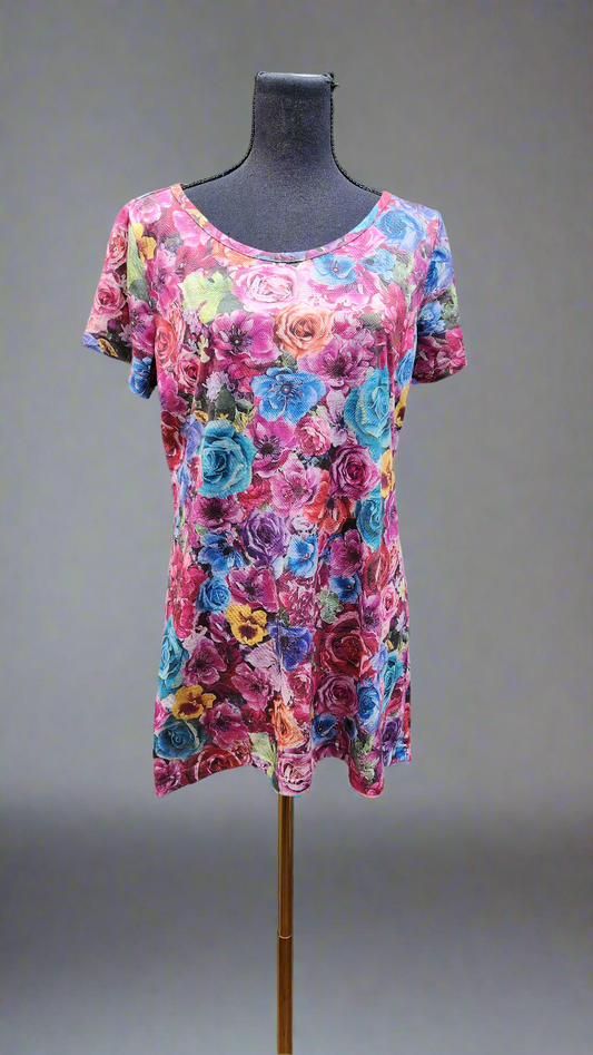 Annah S, rose print mesh top, size L