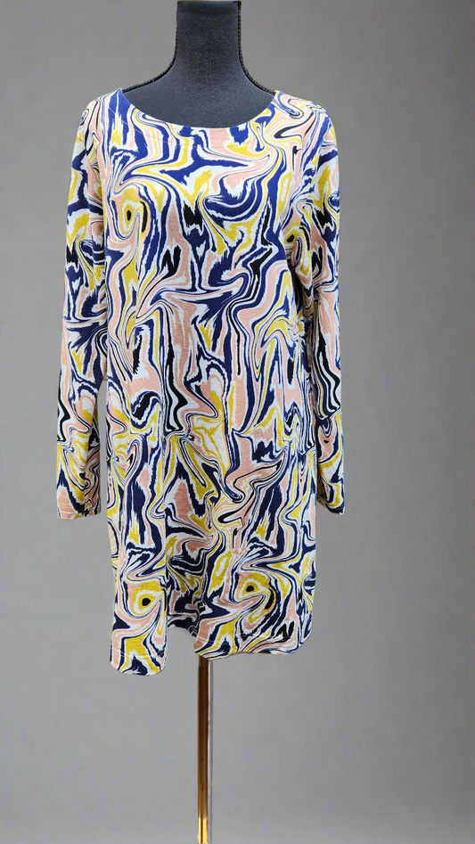 Gorman, marble navy/pink/yellow print dress, size 16